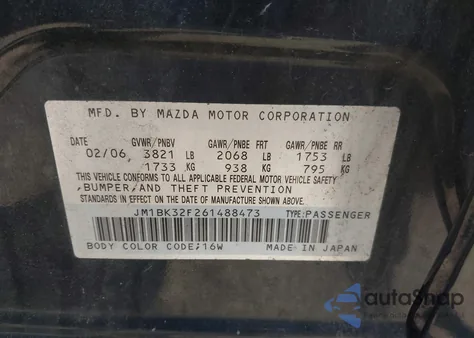 2006 Mazda Mazda3 I из США, поврежденный, VIN JM1BK32F261488473